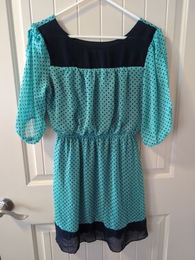 Enfocus Studio Turquoise Polka Dot Dress with Navy Yoke & Hem